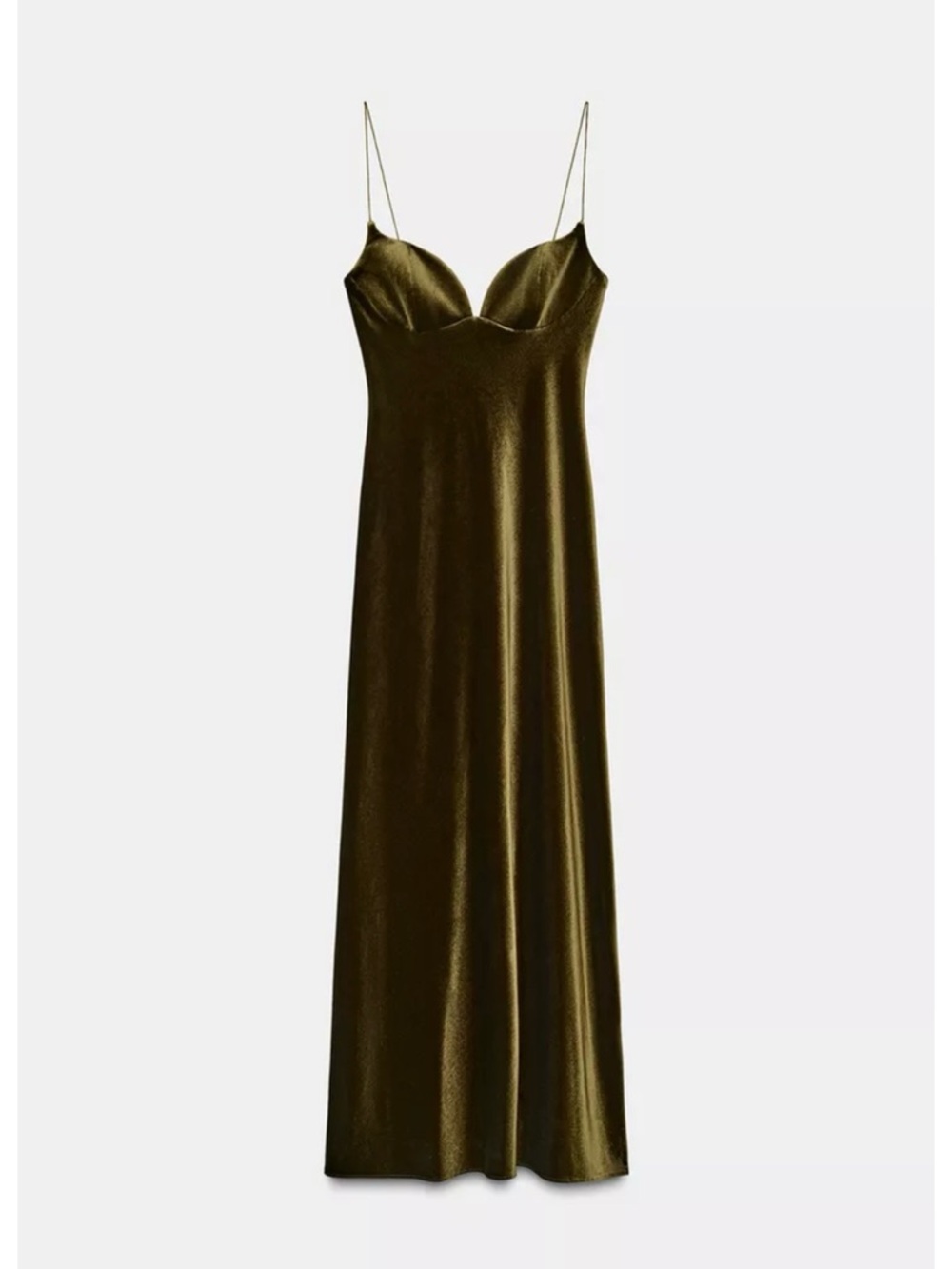 New Zara Olive Green Velvet Slip Gown - Spaghetti Strap Maxi - Picture 2 of 3